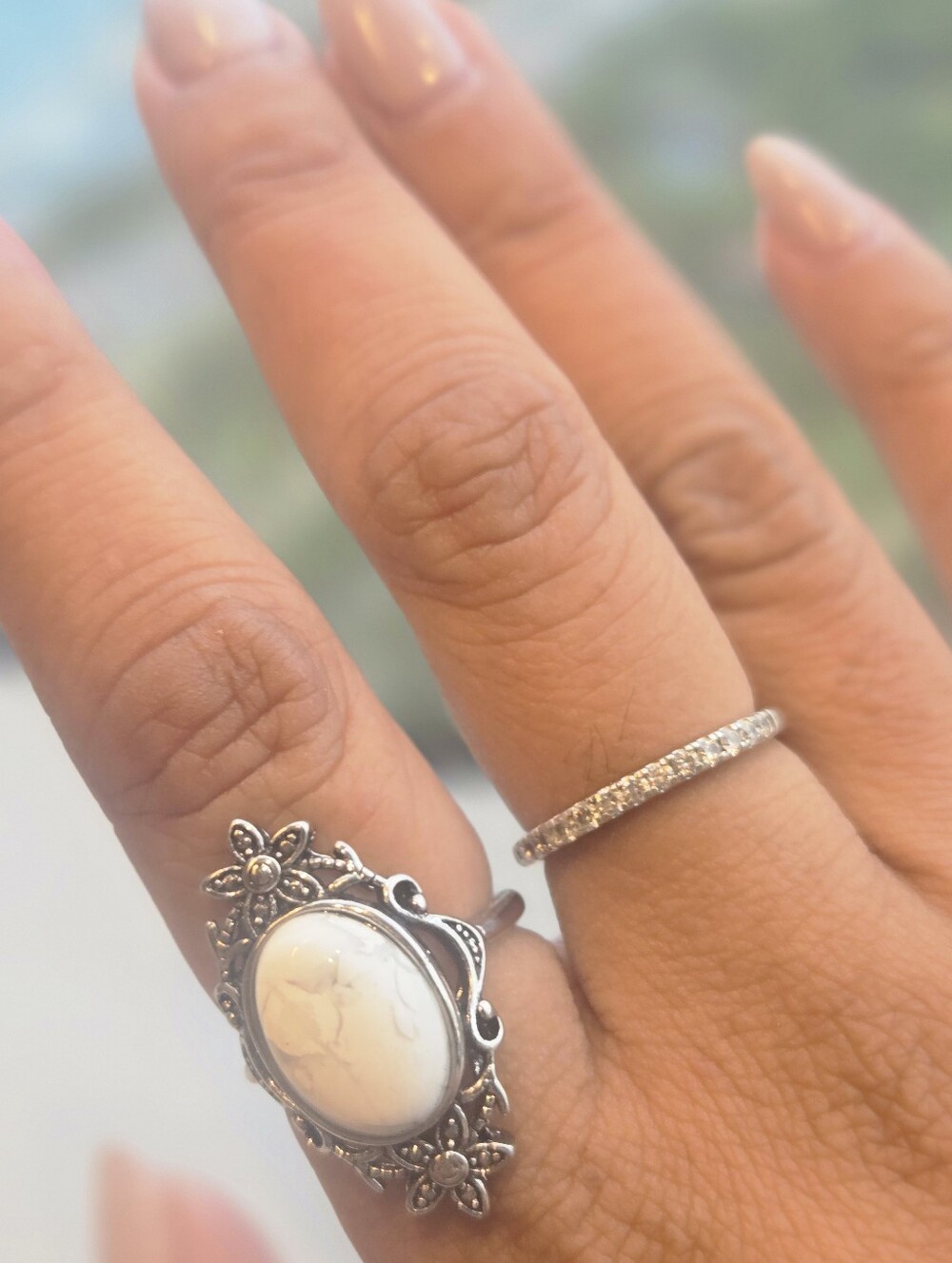 Howlite Vintage Silver Plated Adjustable Ring